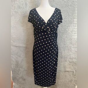 Ralph Lauren Size 10 Woman's Navy Blue Beige Polka Dot Classy Dress